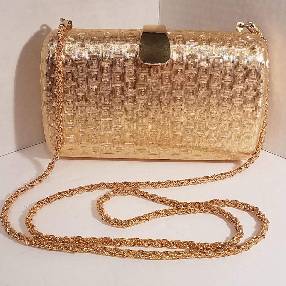Saks Fifth Ave. Gold Metal Purse Shoulder Evening Bag Made in Italy